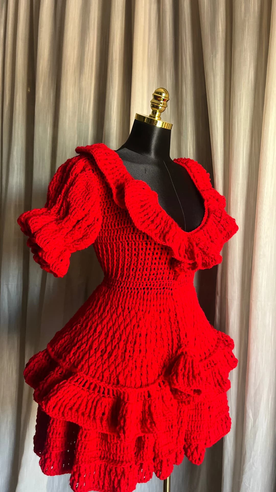 Handmade Red Crochet Ruffle Mini Dress