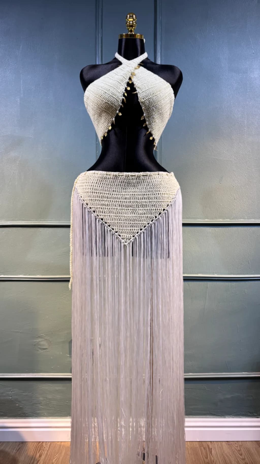 Bohemian Crochet Fringe Halter Crop Top and Skirt Set
