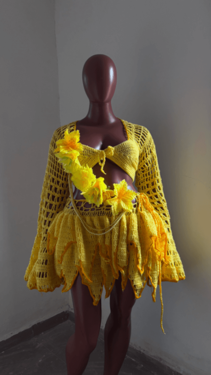 Handmade Yellow Crochet Crop Top and Skirt Set with Floral Embellishment