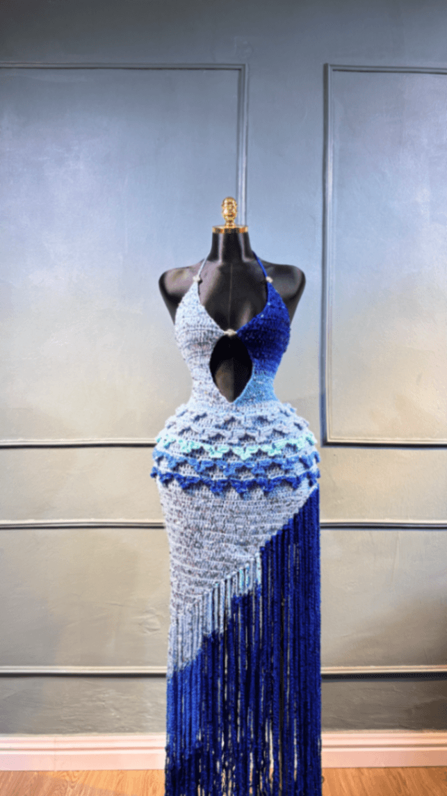 Ocean Wave Crochet Halter Maxi Dress with Fringe