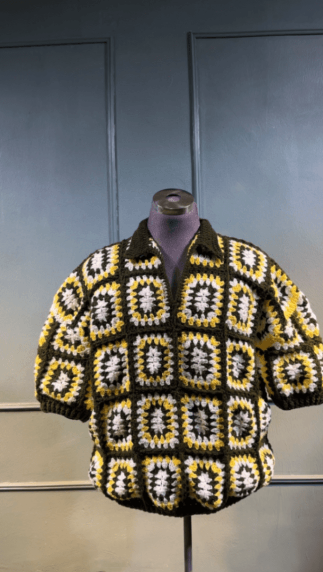 Vintage Crochet Granny Square Sweater Short Sleeve Polo Knit Top